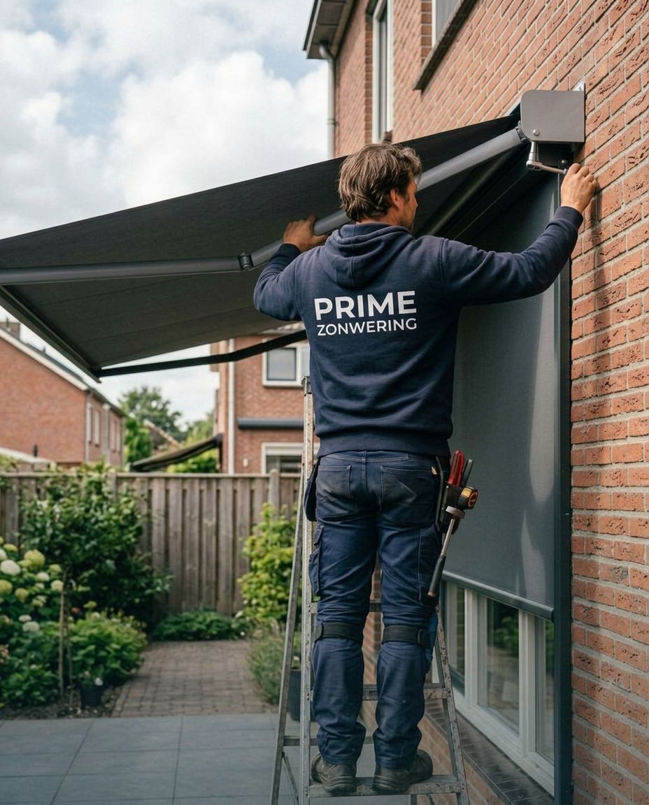 Monteur van Prime Zonwering monteert een zonnescherm aan een woning