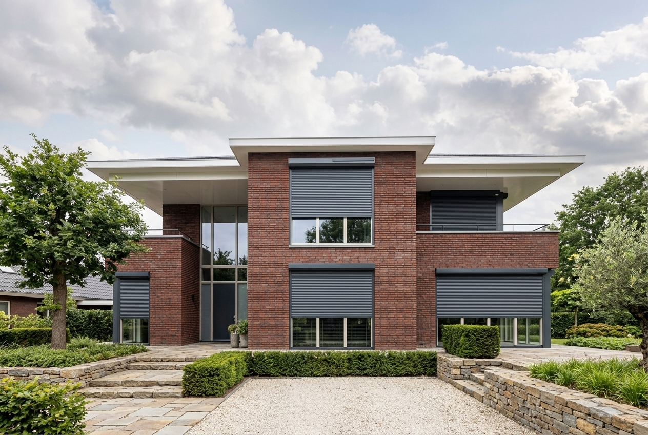 Woning met antracietkleurige rolluiken van Prime Zonwering