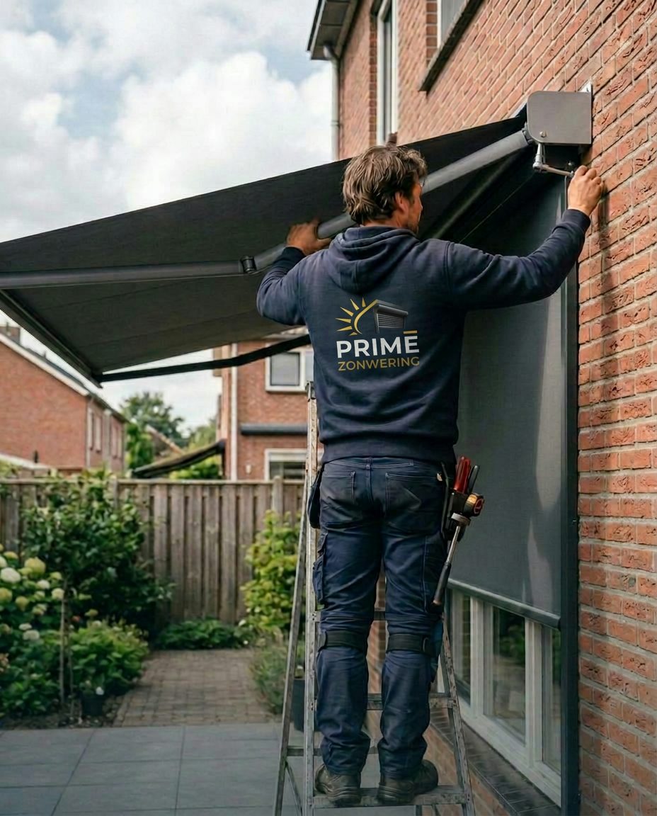 Monteur van Prime Zonwering in hoodie met het Prime Zonwering-logo monteert een zonnescherm aan een woning